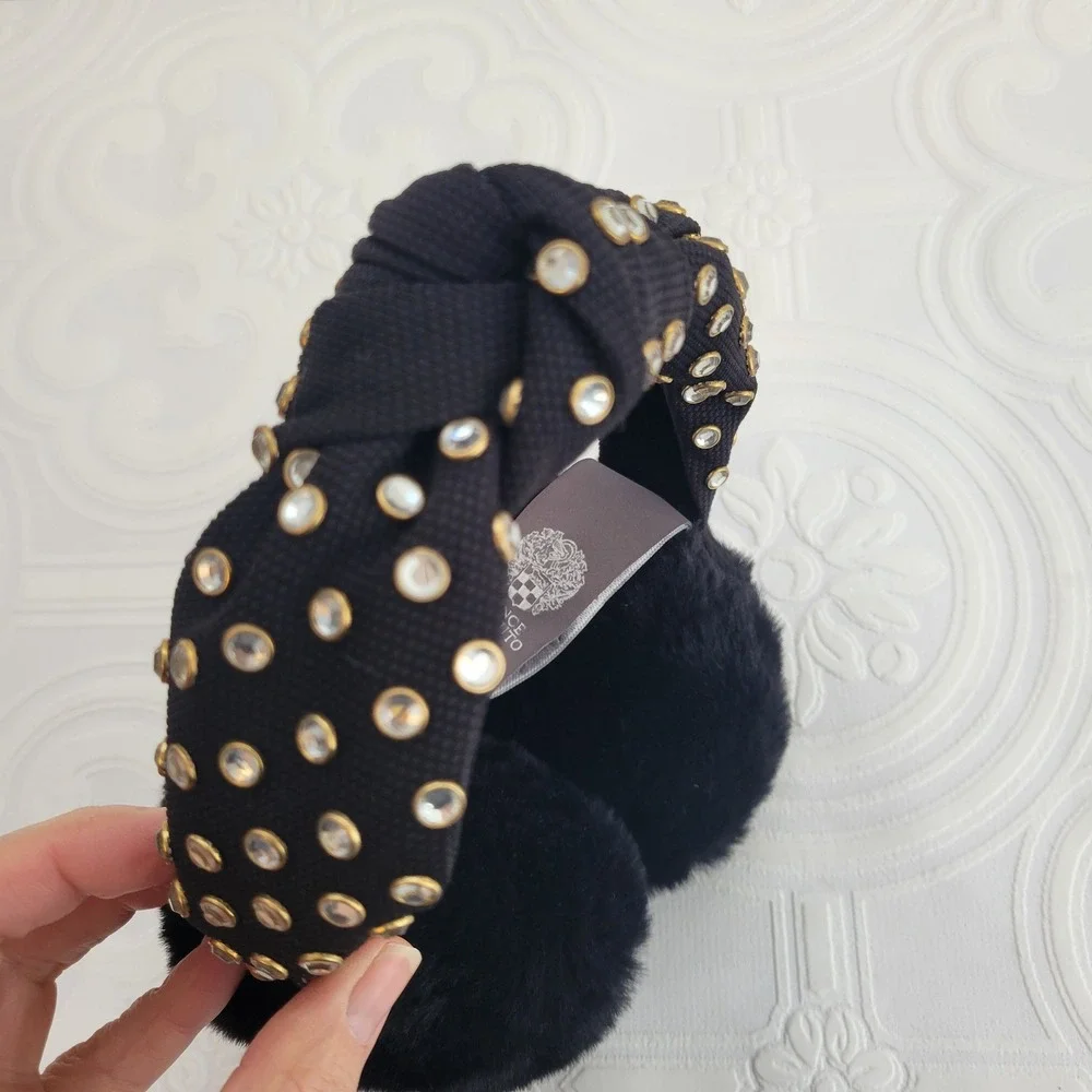 Vince Camuto Earmuffs Black Embellished Studded‎ Knot Faux Fur One Size Cozy